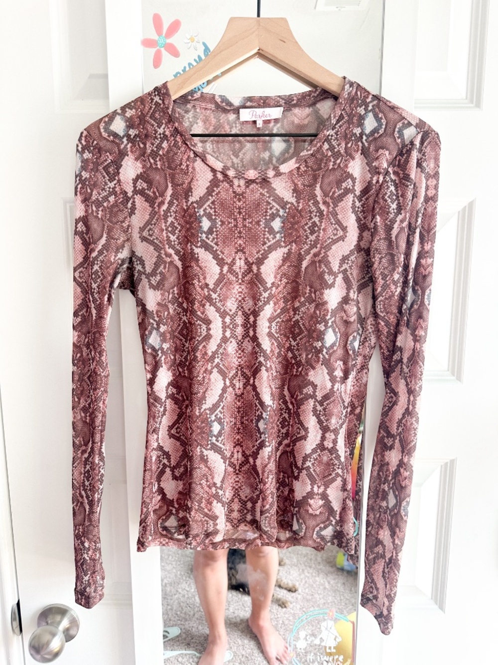 Parker Small Pink Snakeskin Animal Print Sheer Mesh Long Sleeve Top